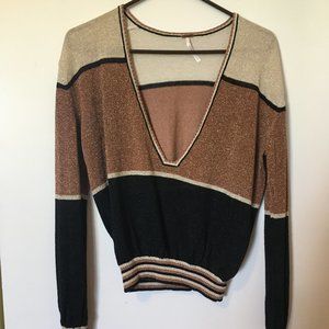 Free People Gold Dust Metallic Plunge Boho Sweater